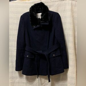 RACHEL Rachel Roy Navy Pea Coat with Black Faux Fur Collar warm cozy chic classy